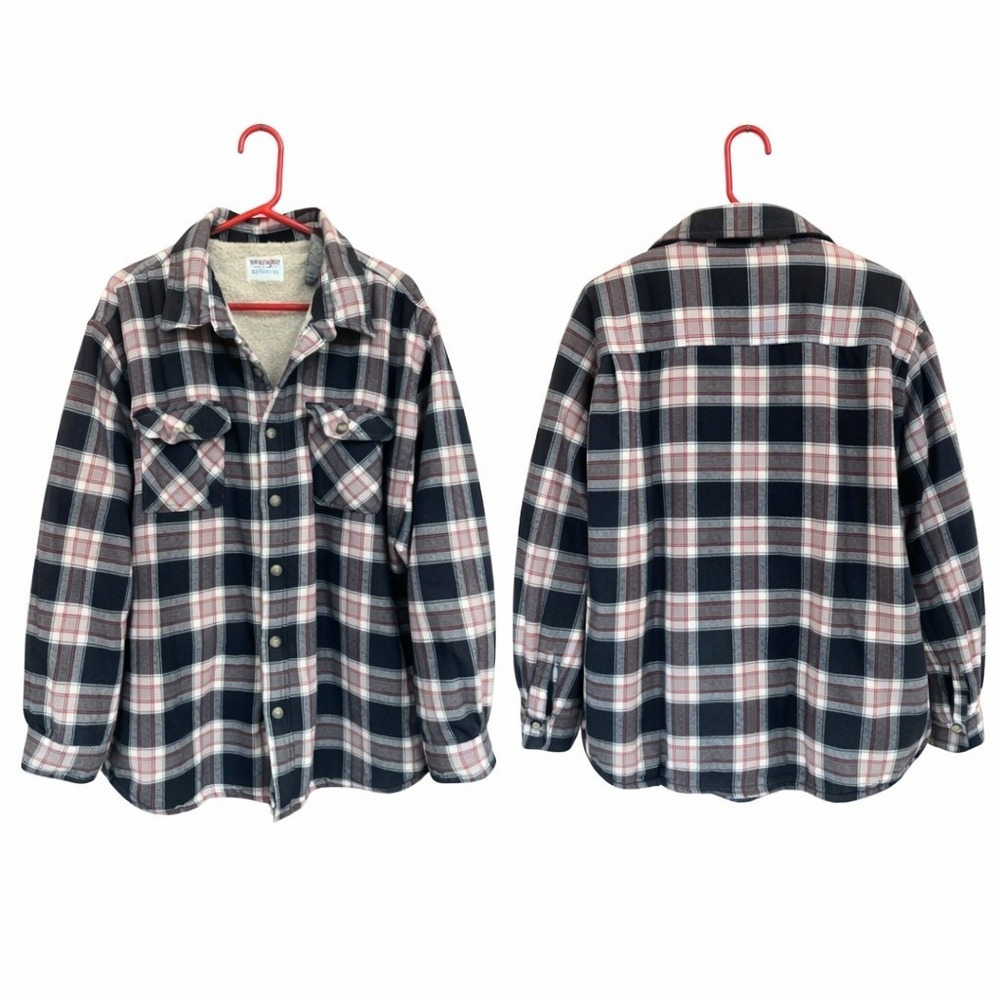 Wrangler Authentics Mens Black‎ Red Plaid Sherpa Lined Flannel Shirt Jacket 2XL